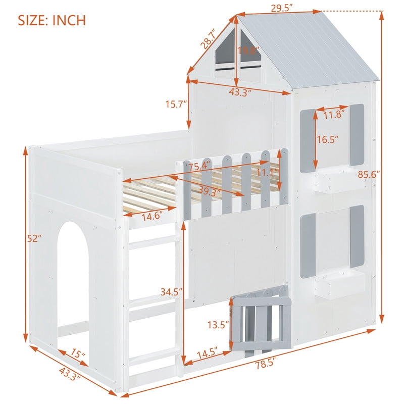 Twin over Twin House-Shaped Bunk Bed with Roof and Window, Kids/Teens Playful Designed Bed Frame with Fence and LED Light