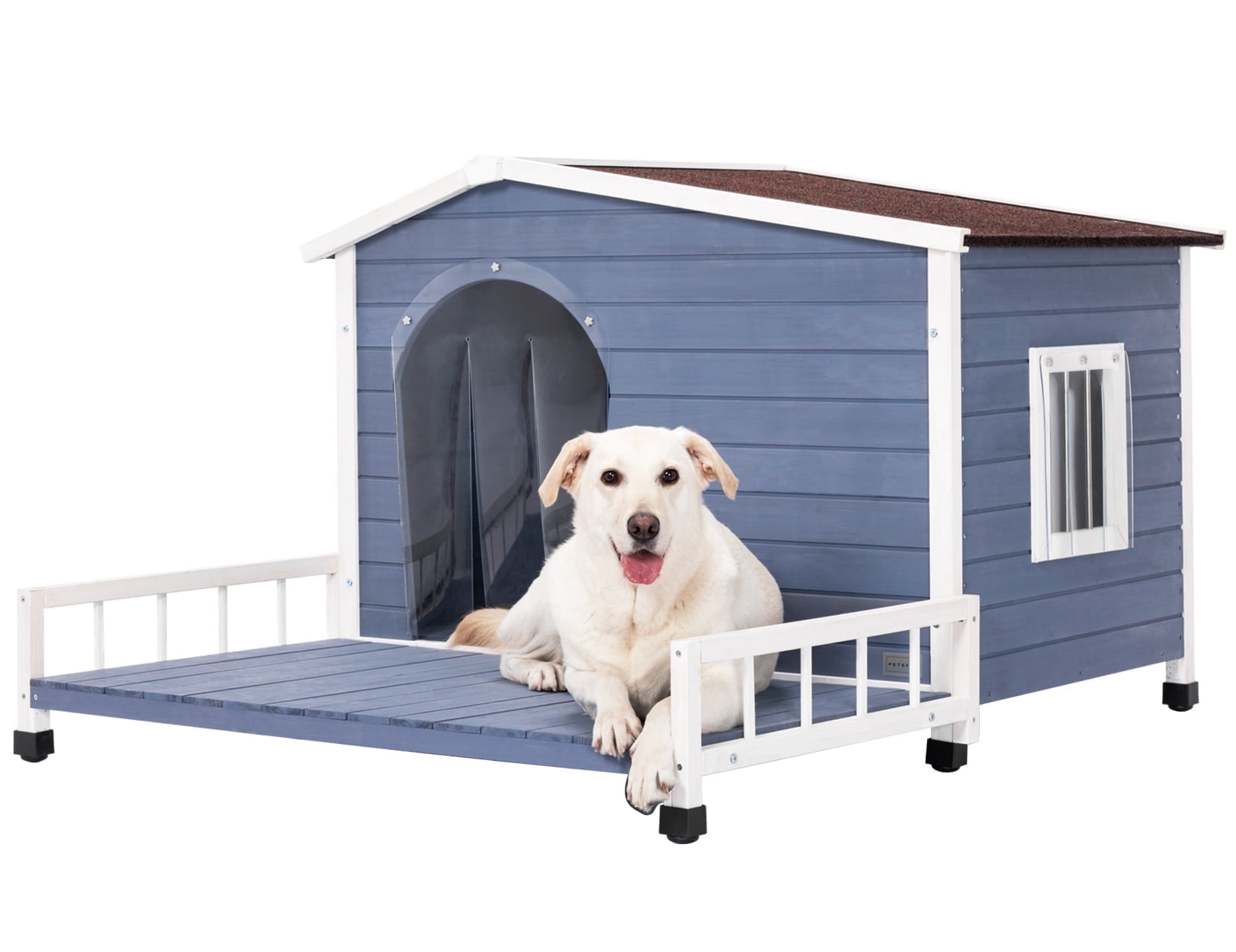 Petsfit Large Wooden Outdoor Dog House with Terrace, Elevated Floor and Openable Roof