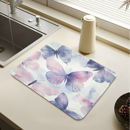 

Wobogo Purple Butterfly Dish Drying Mats Diatomaceous Earth Super Absorbent Non-slip Rubber Sole 23.6×19.7in