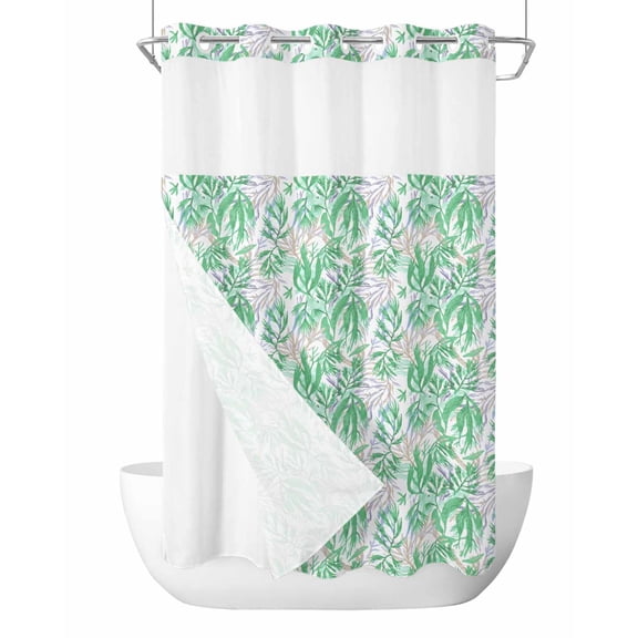 No Hook Cloth Fabric Shower Curtain with Snap in Liner, Green Seagrass Waterproof Shower Curtains Set with See Through Top Window, Ocean Coral Coastal Leaf Watercolor Bath Curtains Shower 54"x78"