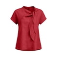 thumbnail image 7 of FchengtaiS Women's Short Sleeve Business Casual Shirts Elegant Knot Neckline Tops Summer Cotton Linen Blouse, 7 of 7