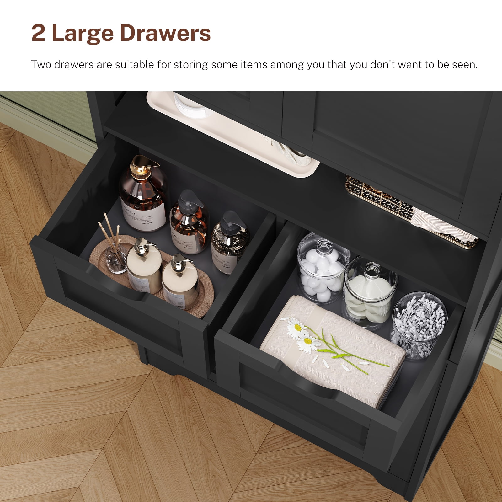 57.8" H Tall Storage Cabinet with Adjustable Shelf, Bathroom Cabinet with 2 Drawers, Linen Cabinet for Living Room, Black