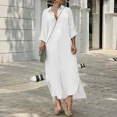 thumbnail image 1 of JUNWELL Robe Ample à Manches Longues en Coton et Lin pour Femmes, Couleur Unie, Col à Revers, Boutons, Décontractée, 1 of 6