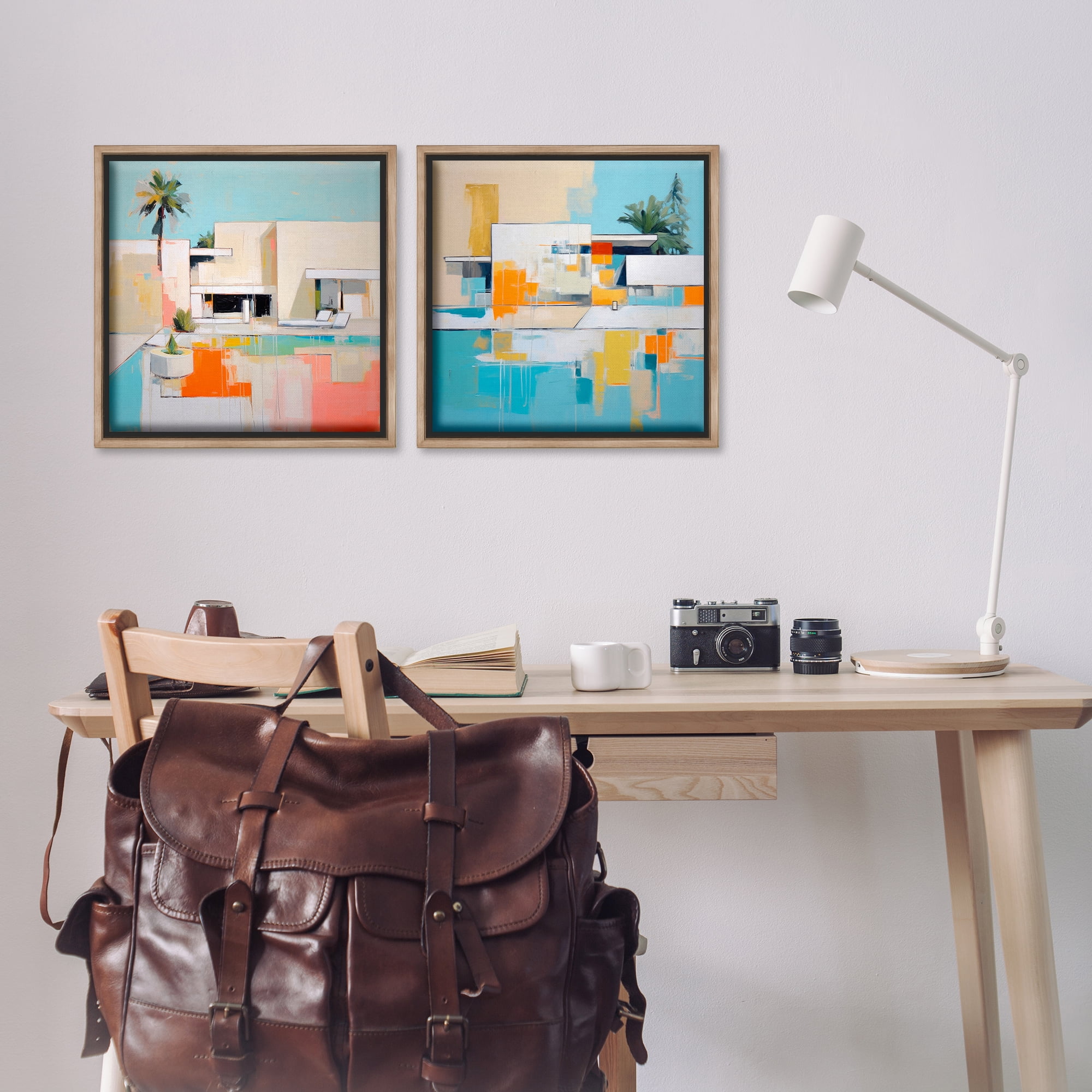 Stupell Industries Abstract Modern Tropical House Buildings & Architecture Painting Brown Floater Framed Canvas Art Print Wall Art, 18 x 18, Set of 2
