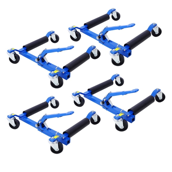Set of (4) Wheel Dolly Car Skates Vehicle Positioning Hydraulic Tire Jack Ratcheting Foot Pedal Lift Hydraulic Car Wheel Dolly, 1,250lbs blue