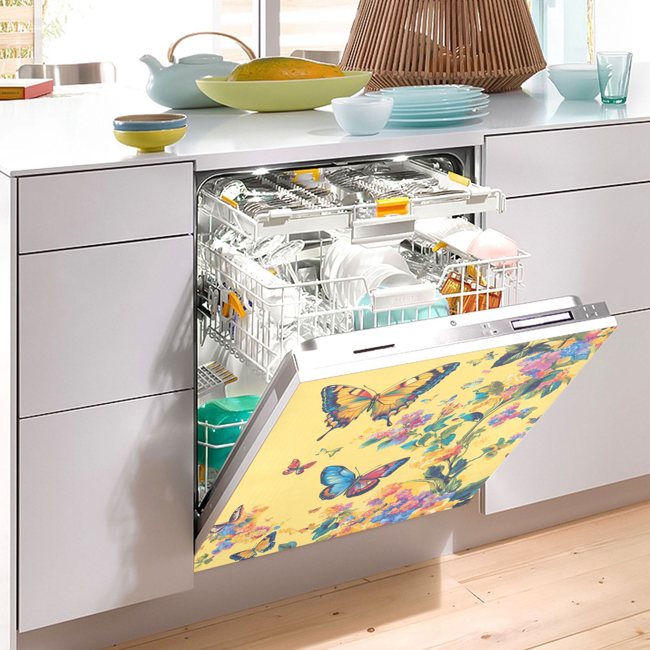 Dishwasher Magnetic Sticker 23x26 Inch Refrigerator Magnetic Sticker Washing Machine Magnetic Sticker Kitchen Panel Magnetic Sticker Home Decor Pale Yellow Rainbow Butterfly