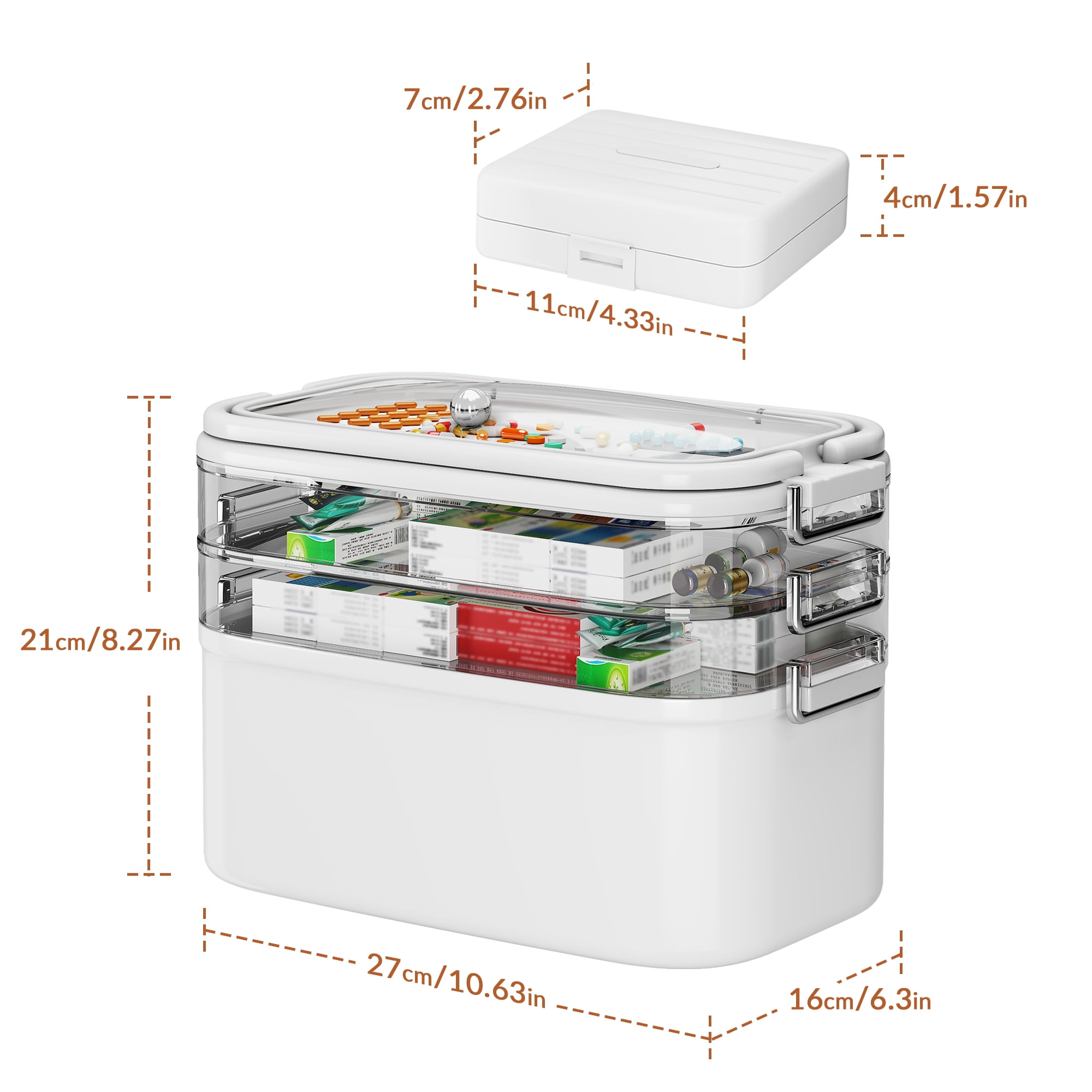 NiHome Home & Travel 4-Tier Medicine Storage Box with Portable Pill Case, Durable Adjustable Compartments, Moisture-Resistant Lid, Secure Handles for Pill Organization, Vitamins, Supplements (White)