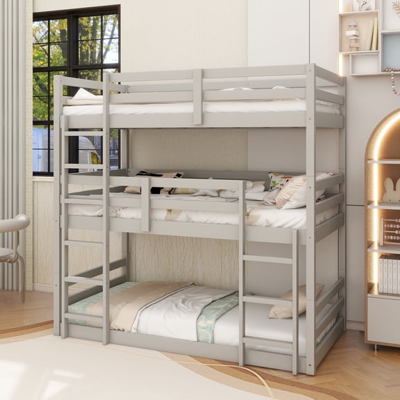 Triple Rubber Wood Bunk Bed with Two Built-in Ladders, Guardrails, Twin over Twin over Twin, Detachable Triple Twin Bunk Bed,Grey