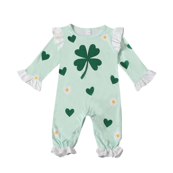 SERTG Baby Clover Prints Bodysuit St Patricks Day Ruffle Long Sleeve Lace Flared Leg Jumpsuit Snap Closure Holiday Casual Outfit Infant One-Piece Rompers(Green,0-3 Months)