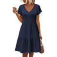 thumbnail image 3 of Vestido casual de mujer con bolsillos y cuello en V con volantes y manga casquillo, mini vestido de una línea, 3 of 5