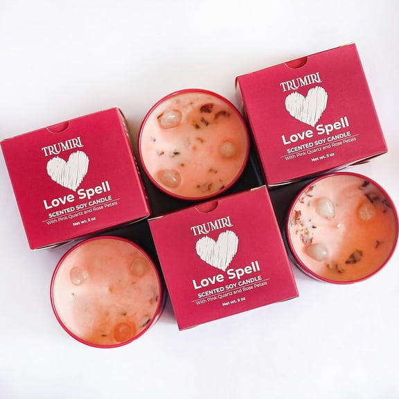 Love Spell - Scented Candles for Women & Men with Rose Petals and Crystals - Pack of 3 x 5oz Soy Clean Organic Non Toxic - Velas Aromáticas - Aromatherapy Spa Valentines Gift Candel