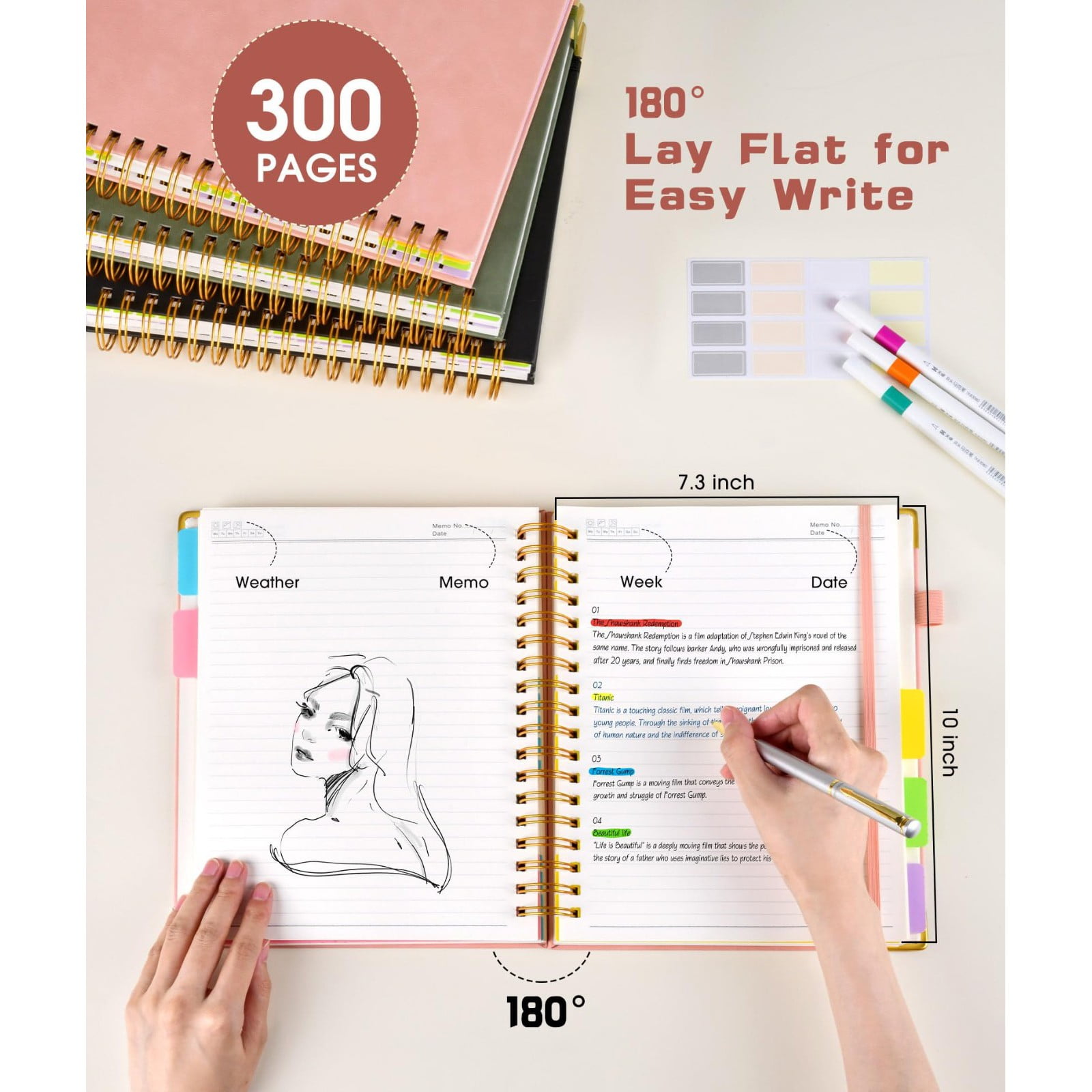 Notebook with Waterproof Hardcover Leather B5 Spiral Bound with Removable Dividers Tabs 300 Pages/150 Sheets Notebook with Horizontal Lines for Work Planing Note Taking, 1Pc(Purple,10x7.3")