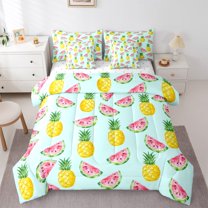 Manfei Kawaii Watermelon Pineapple Bedding Comforter Set 7 Pieces, Cartoon Fruit Print Full Bedding Set, Teens Kids Child Reversible Fitted Sheet Flat Sheet, Luxury Bedroom Decor