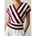 thumbnail image 4 of Women Tops Cap Sleeve Dressy Casual V Neck Stripe Shirts Summer Business Work Blouses Outfits Wine Red L, 4 of 9