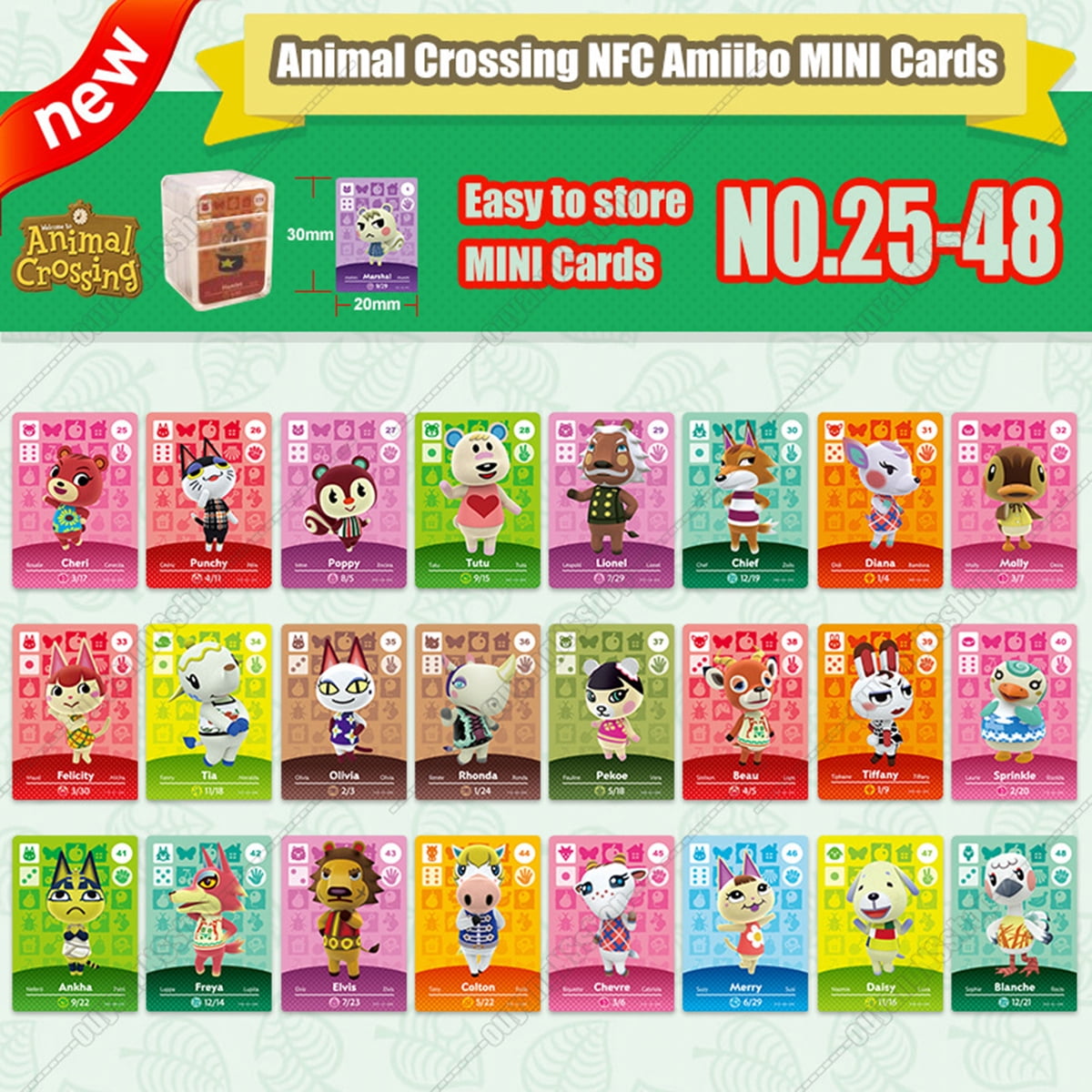 ANIMAL CROSSING NEW HORIZONS AMIIBO CARDS MINI NFC SWITCH/LITE WiiU 3DS(The  5th animal forest amiibo# select 49-72 mini cards) - Walmart.com