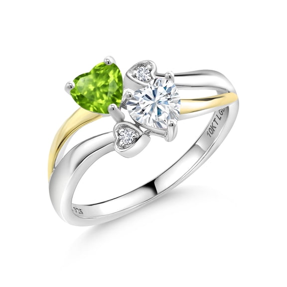 Gem Stone King 925 Silver and 10K Yellow Gold Green Peridot and White Moissanite and White Lab Grown Diamond Ring for Women (0.94 Cttw, August Birthstone, Heart Shape 5MM, Size 6)