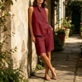thumbnail image 5 of Guieoi Matching Tank and Shorts Set Summer Loose-Fit Casual Cotton-Linen Collared Sleeveless Half-Button Outfit Red L, 5 of 7