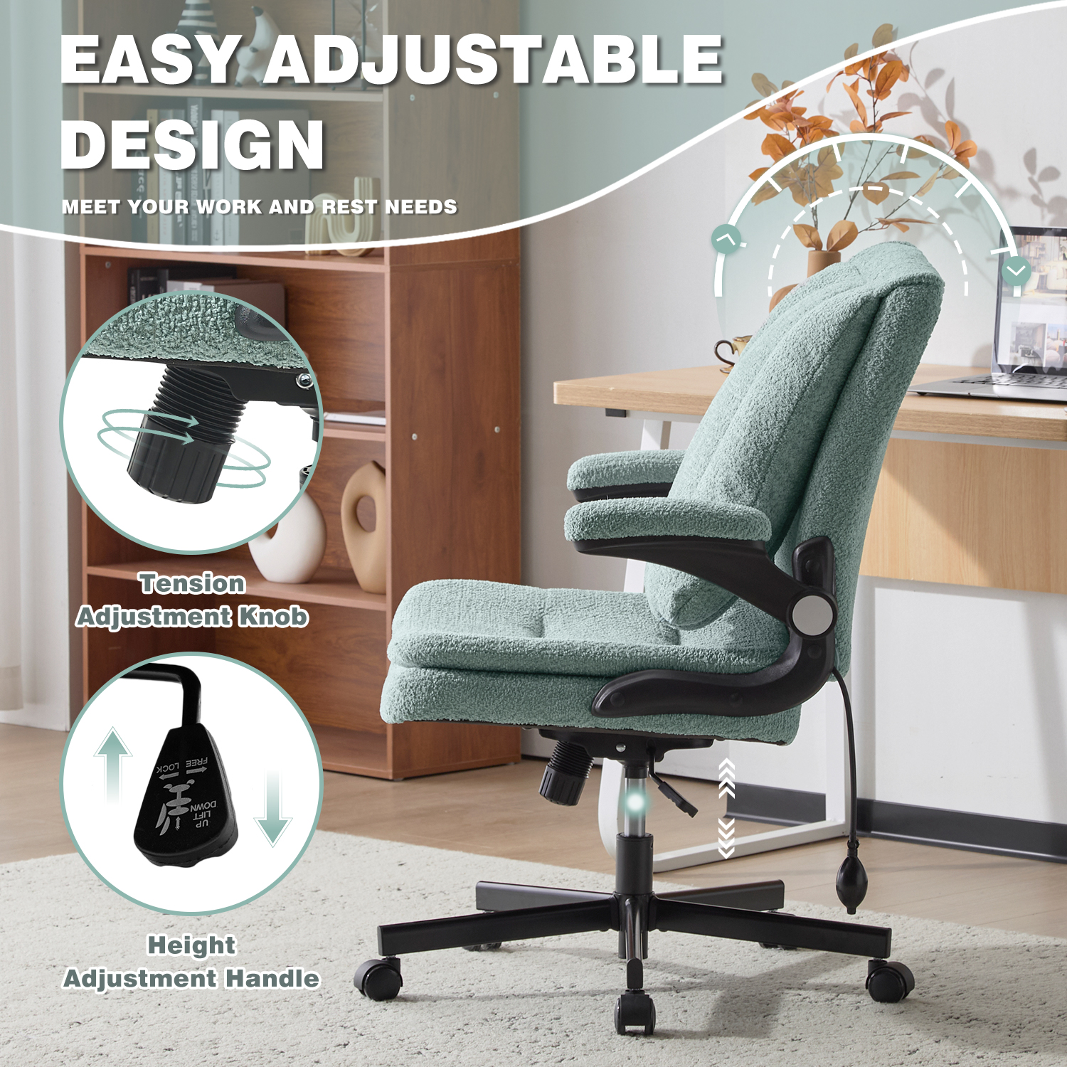 Wide Criss Cross Chair with Flip Up Back Cushion and Arms, Ergonomic Cross Legged Office Chair with Dynamic Lumbar Support, Upholstered Swivel Rolling Vanity Chair for Customized Comfort