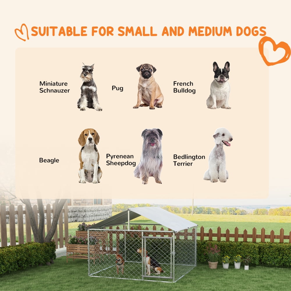 6.6'x6.6' Large Outdoor Dog Kennel w/ Chain Link Fence, Waterproof Roof, Secure Lock, Silver