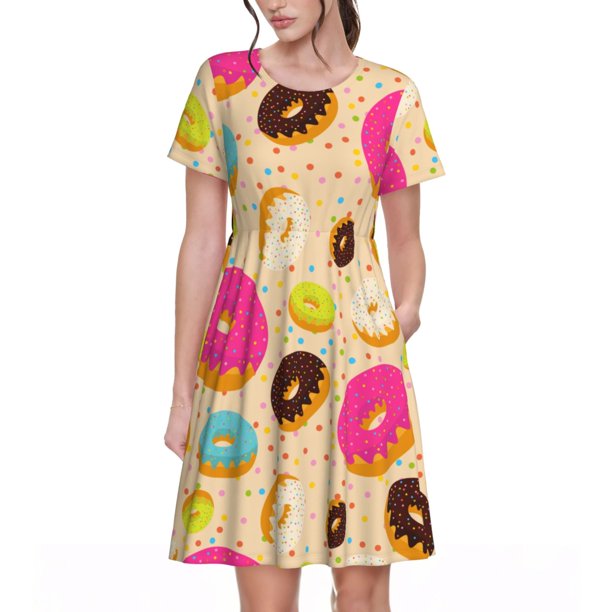 Easygdp Donuts para Vestido Transpirable de Mujer, Vestido Suelto de Manga Corta con Pliegues y Bolsillos para el Verano