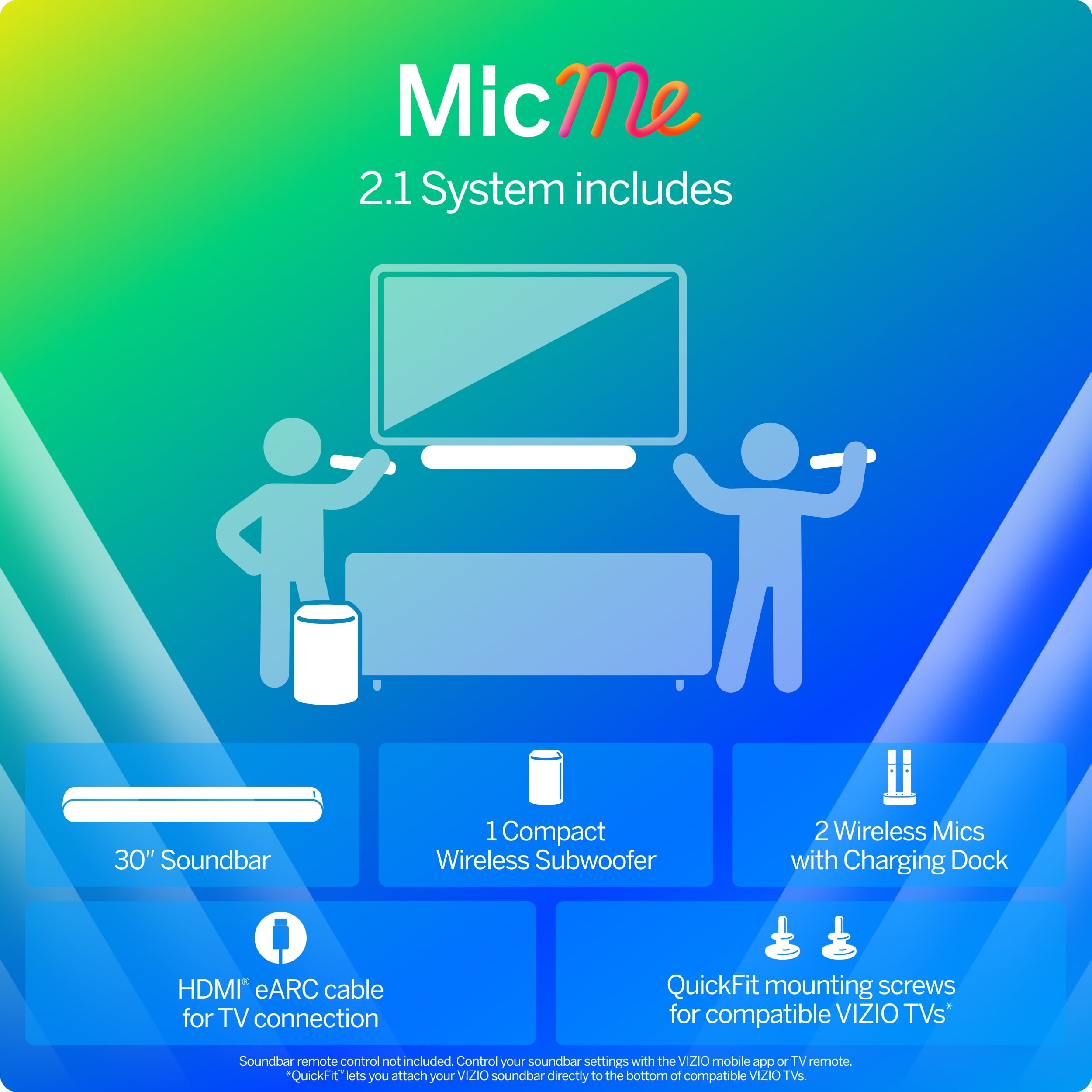 VIZIO MicMe 2.1 Karaoke Soundbar, 2 Wireless Microphones, Wireless Subwoofer w/ Dolby Atmos, DTS:X, Bluetooth — SK210X-0805 (New)