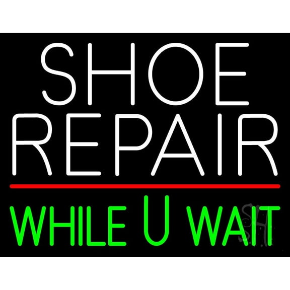 White Shoe Repair Green While You Wait LED Neon Sign 15 x 19 - inches, Black Square Cut Acrylic Backing, with Dimmer - Bright and Premium built indoor LED Neon Sign for store Décor, Storefront.