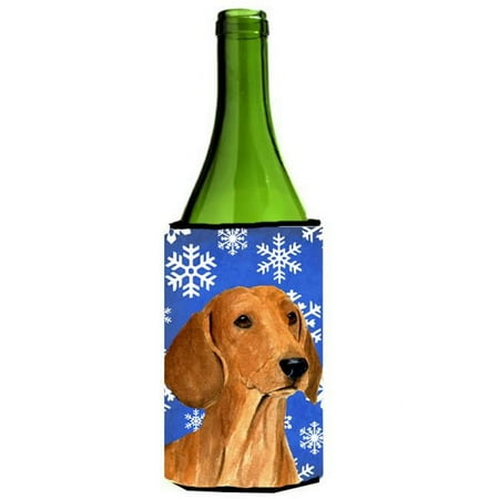 

Dachshund Winter Snowflakes Holiday Wine bottle sleeve Hugger 24 oz.