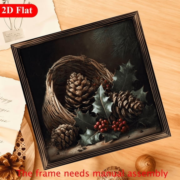2D Flat Prints 1pc Wood Frame Wooden Wall Sign Vintage Cozy Christmas Pinecone Wall Art 12x12inch Prints Print Painting For Living Room Bedroom Office Bathroom Dorm Home Decor
