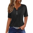thumbnail image 2 of Woman T Shirt Women's Solid Color T-Shirts Dressy Button Down Tunic Tops Short Sleeve Blouses Henley V Neck T Shirts Black XXL, 2 of 6