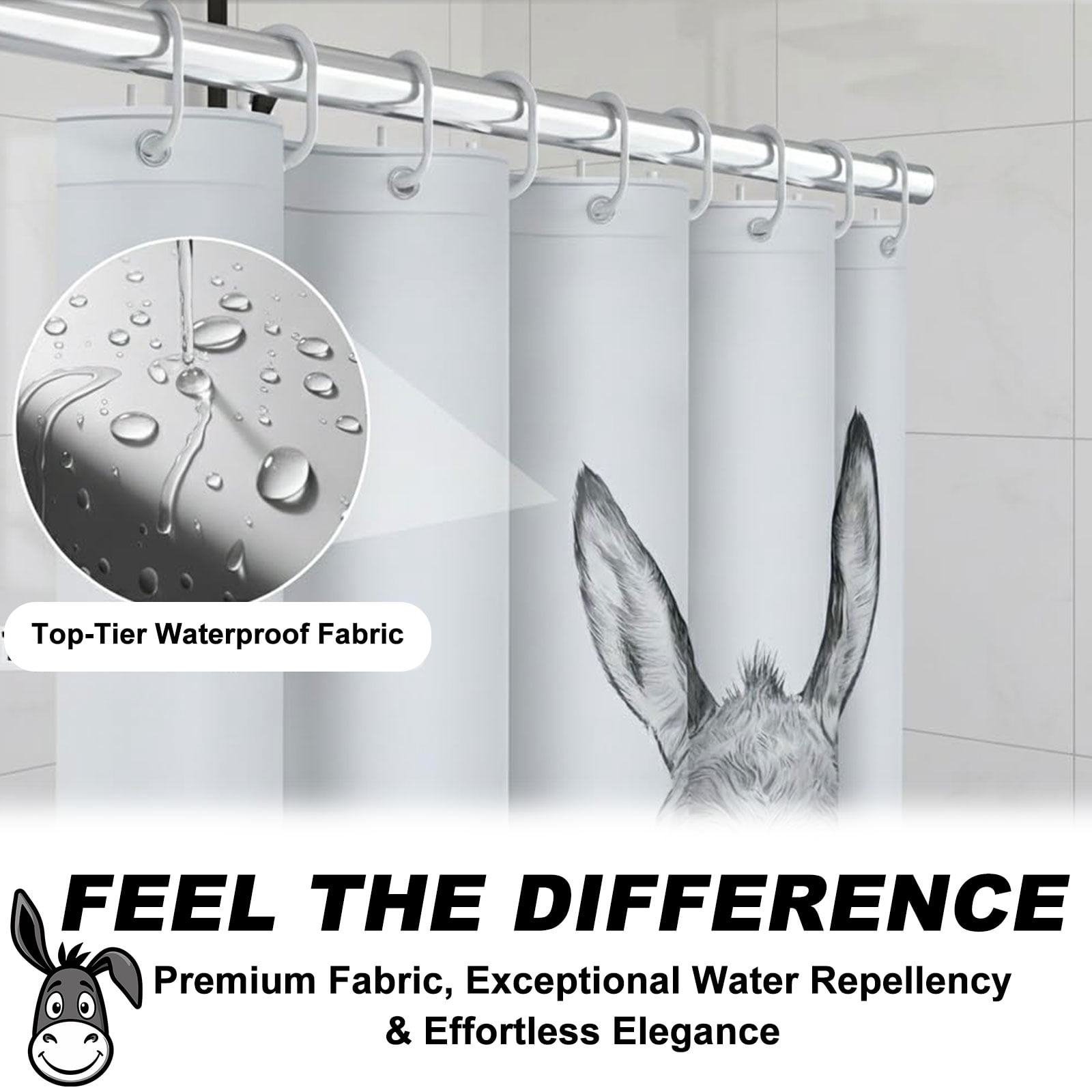 Donkey Shower Curtain Funny Animal Bathroom Decor Waterproof Polyester Fabric Vivid Print Durable Grommets Standard Size Easy Install Humorous Gift Adults Apartment Home Restroom Decoration(35*70in)
