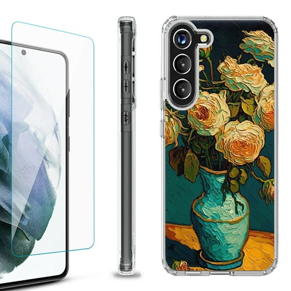 OneToughShield ® for Samsung Galaxy S23  S23 Plus 5G Shockproof Bumper Phone Case, with Tempered Glass Screen Protector - Roses in a vase