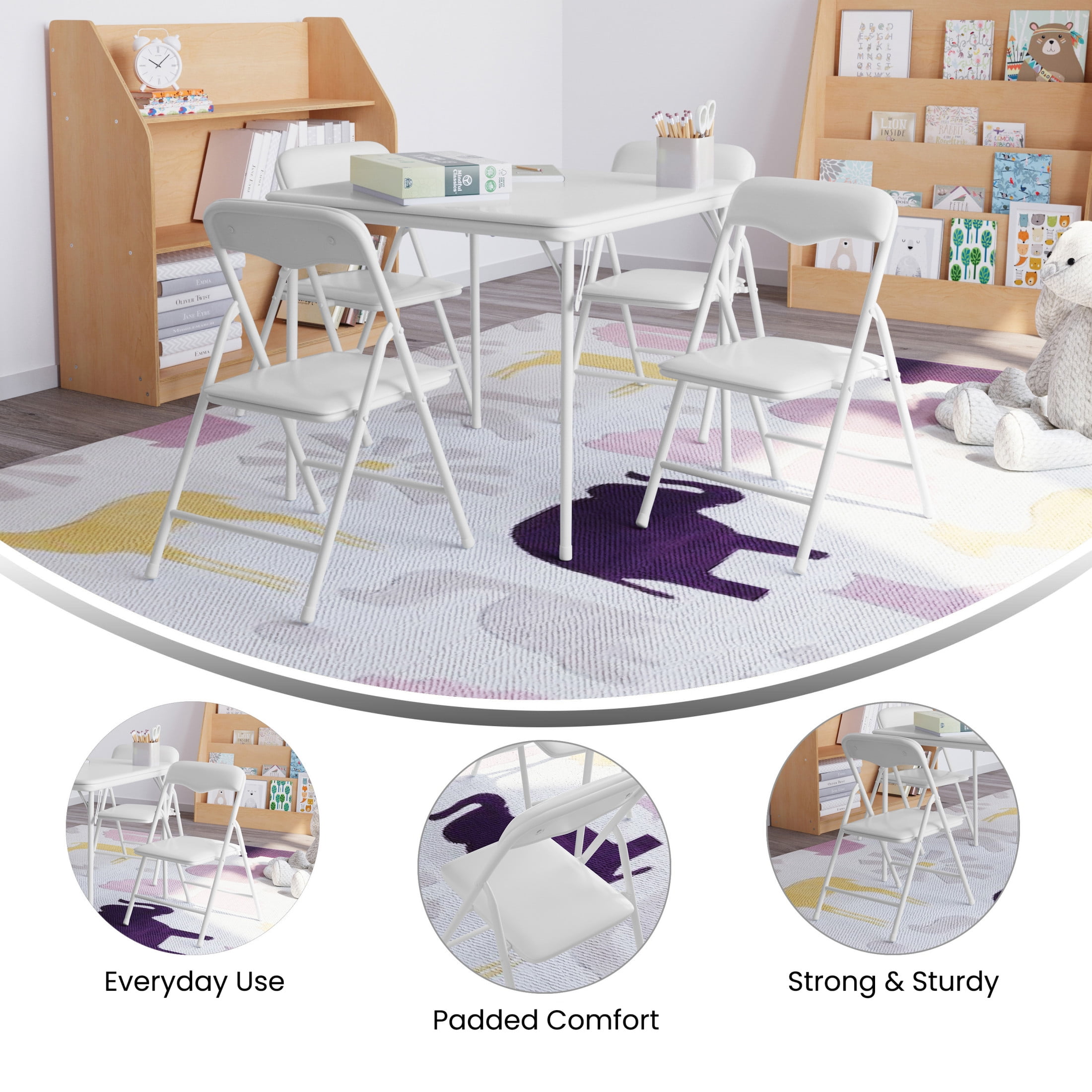 Emma + Oliver 5 Piece Kids Folding Table and Chair Set with White Vinyl Tabletop, Backrest and Seat