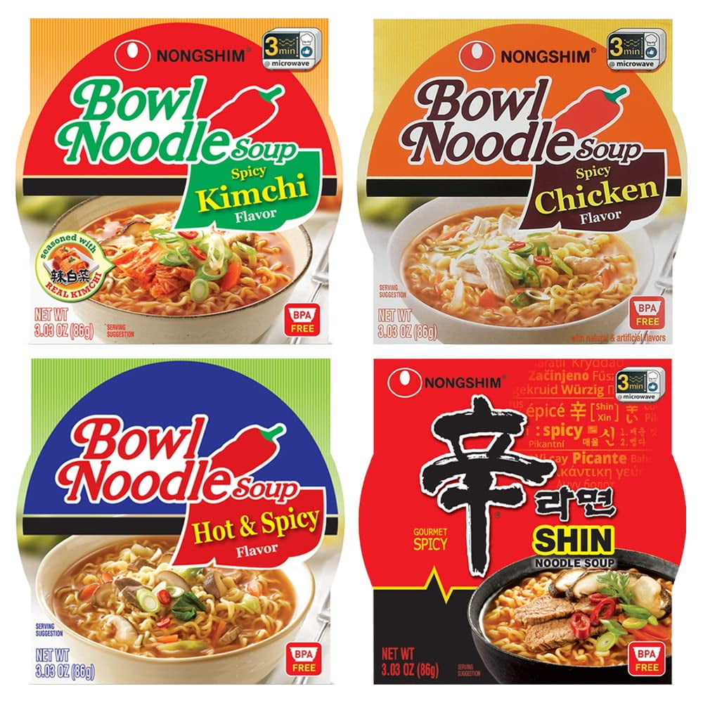OHMARKET Korean Nongshim Bowl Noodle Soup Assorted Variety Pack - 4 Flavor : Shin Bowl, Spicy Kimchi, Spicy Chicken, Hot & Spicy, Korean Ramyun Noodles