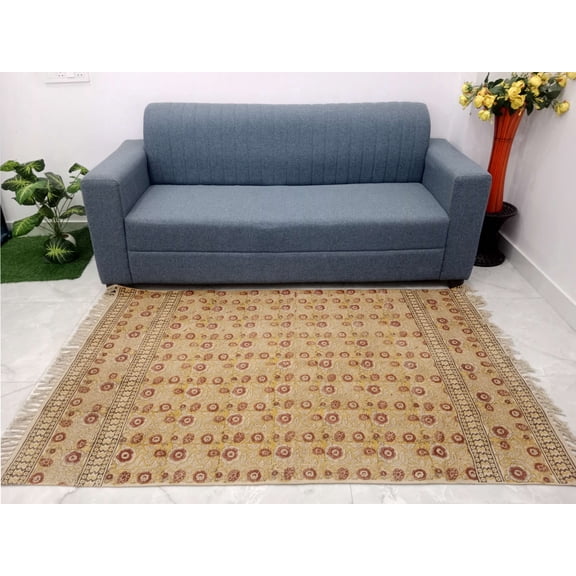 Handmade Floral Block Print Cotton Area Rug – Vintage Boho Chindi Style Accent Rug with Fringe, Soft Washable Floor Carpet for Living Room, Bedroom & Entryway