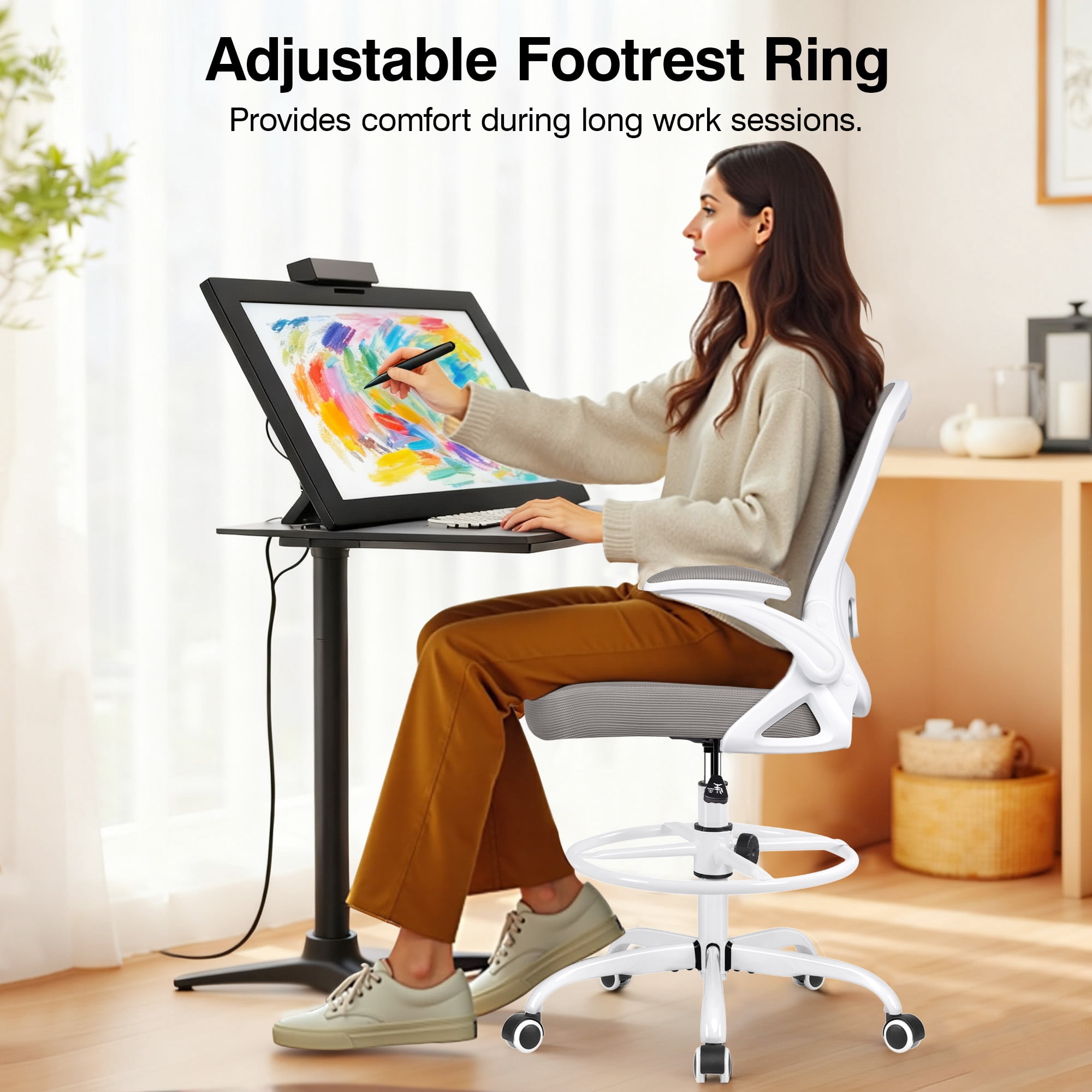 ATHOPE Ergonomic Office Chair, Mesh Desk Chair with Lumbar Support, Tall Office Chair with Flip-Up Armrests and Footrest Ring, Adjustable Computer Chair for Standing Desk Home Office, Gray
