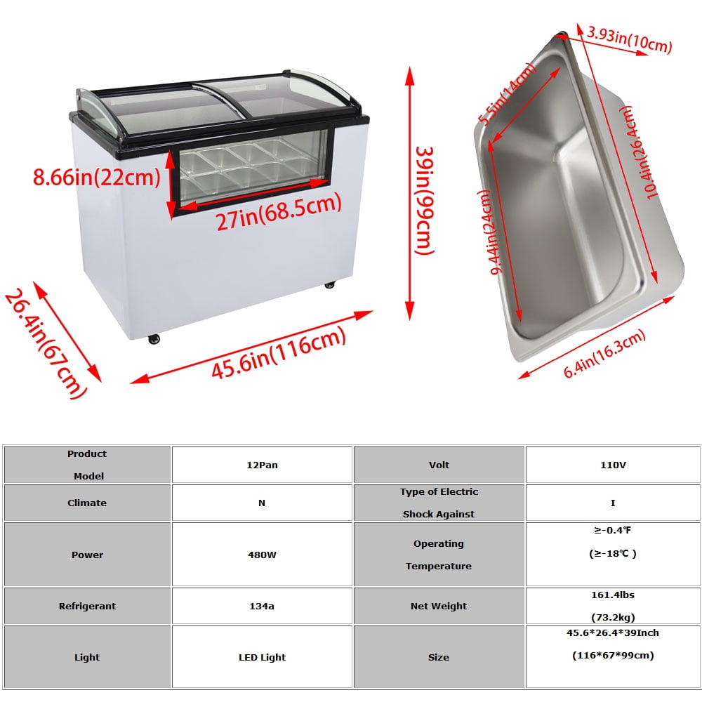 Commercial 12 Pan Freezer Ice Cream Chest Refrigerator Display Case Chamber Showcase Freezer 170L