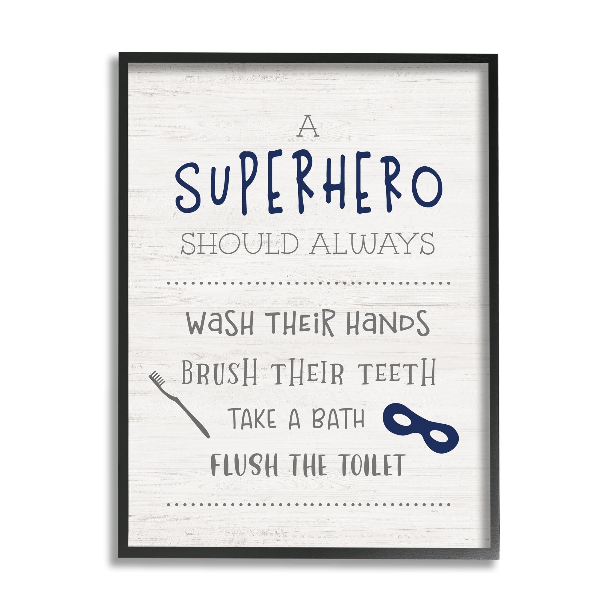 Stupell Industries Superhero Bathroom Rules Good Hygiene Phrases Blue Mask Typography Painting Gray Framed Art Print Wall Art, 11 x 14