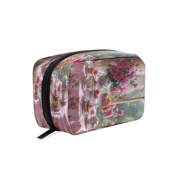 BZSMCE Makeup and Cosmetic Bag Women Simple Tea Set with Pink Roses Pattern Square Cosmetic Bag