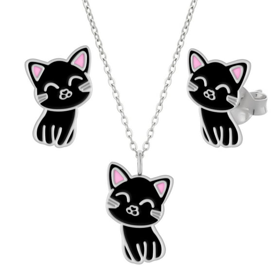 Cat Jewelry Set 925 Sterling Silver Stud Earrings & Necklace with Crystals