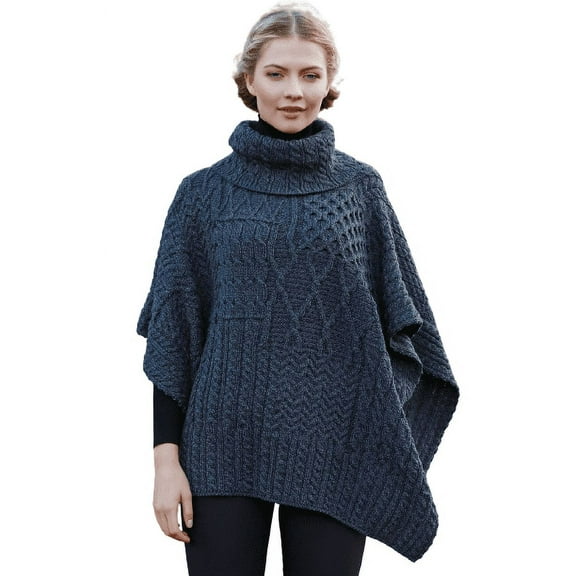Aran Woollen Mills Patchwork Knitted Cape 100% Premium Soft Merino Wool Cowl Neck Women`s Poncho Made in Ireland | One Size
