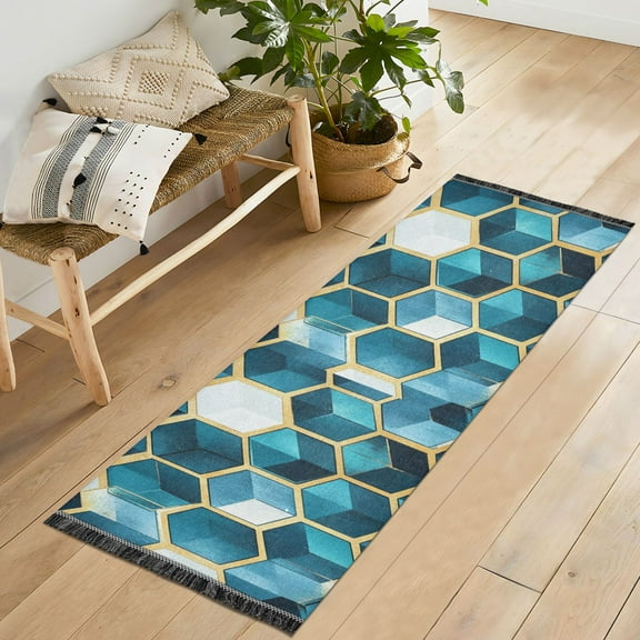 Yayeee Runner Rug for Bedroom 2'x6' Machine Washable Hallway Non Slip Mat, Light Blue Geometric Pattern
