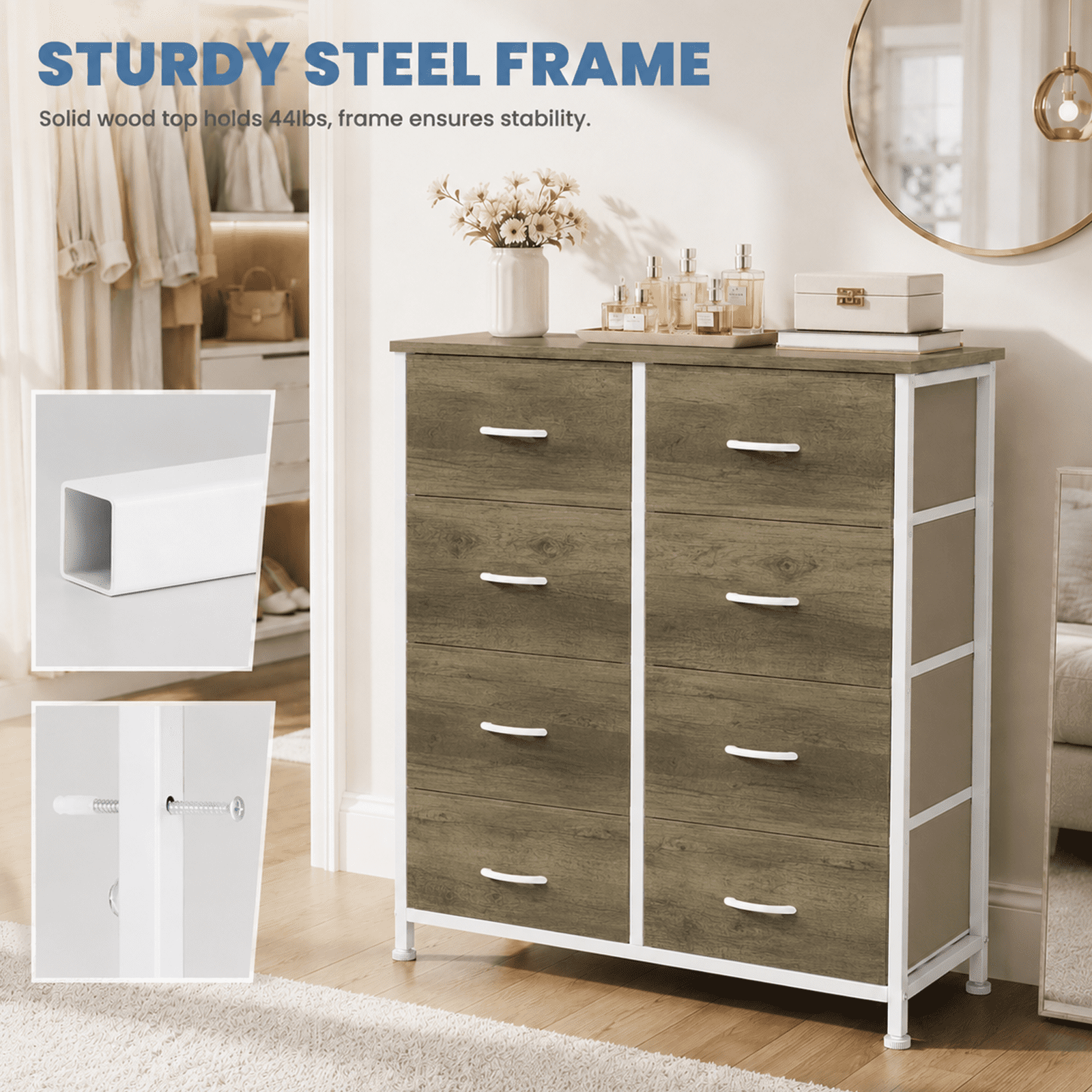 Alvantor 7/8/9-Dresser, Dresser for Bedroom Organizer Storage, Fabric Storage Tower with Sturdy Steel Frame, Wooden Top & Easy Pull Fabric Bins, Dresser for Living Room Entryway Clothes Organization