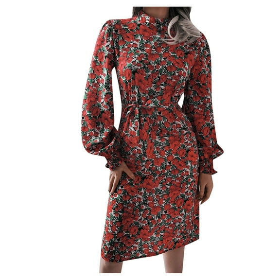 Winter Fall Dresses for Women Long Sleeve Casual Dress Printed Loose Flared Sleeve Girdle Dress
