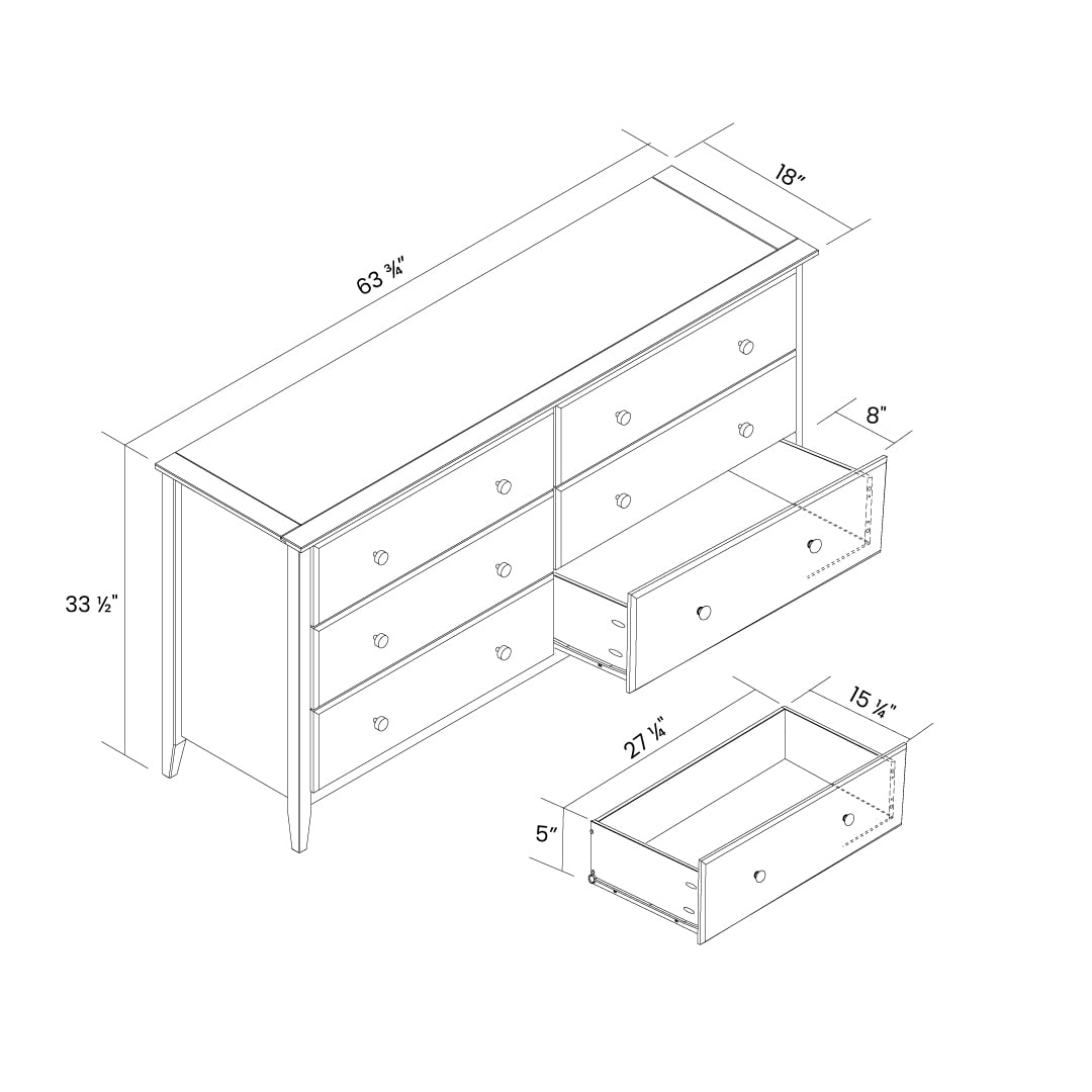 Grain Wood Furniture Greenport 6-Drawer Bedroom Dresser, Solid Wood with a Brushed Driftwood Finish
