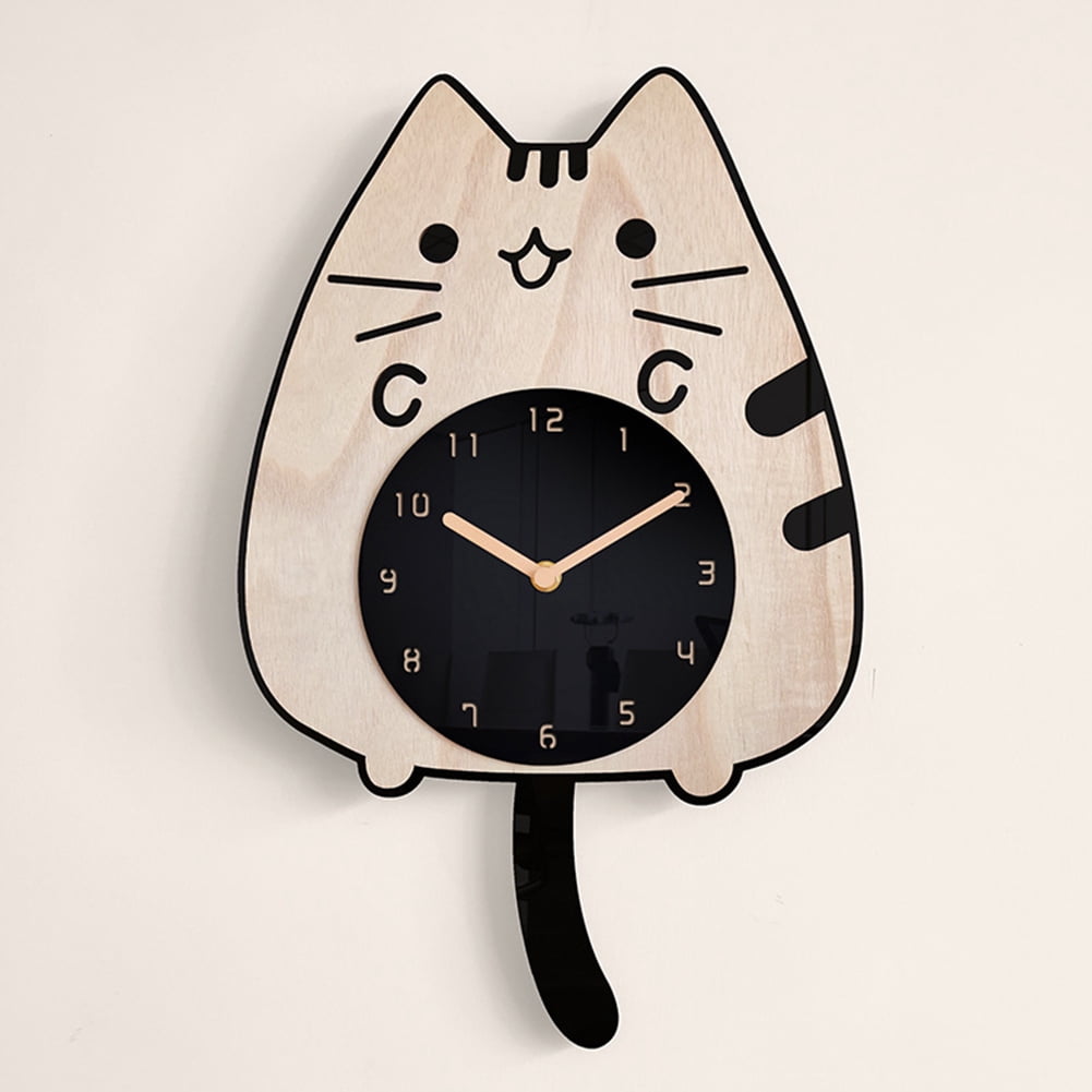 ITIGOITIE Cat Wagging Tail Wall Clock, Wooden Cartoon, Mute, Kids Room/Bedroom Creative Decorative