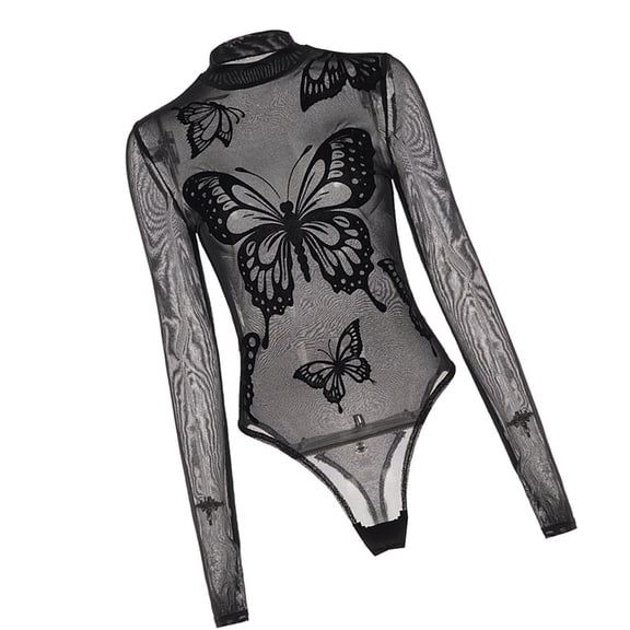 Mesh Fitted Jumpsuit For Women Sheer Butterfly Pattern Mock Neck Stretchy Fabric Long Sleeve Bodysuit Party Outfit