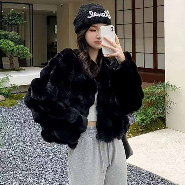 Danceemangoo Korean Fashion Faux Fur Jacket Women Winter High Quality Faux Rabbit Fur Coat Woman Soft Thick Furry Short Jackets, Adult Unisex, Size