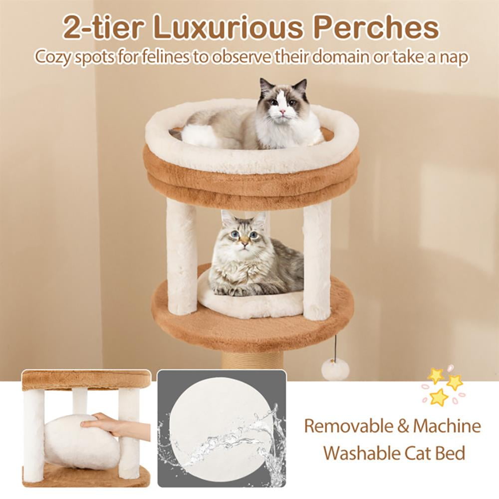 GVN Cat Tree Tower, Cat Tree, 65 Inches Tall Cat Tree with Self-groomer and Removable Cat Bed-Coffee