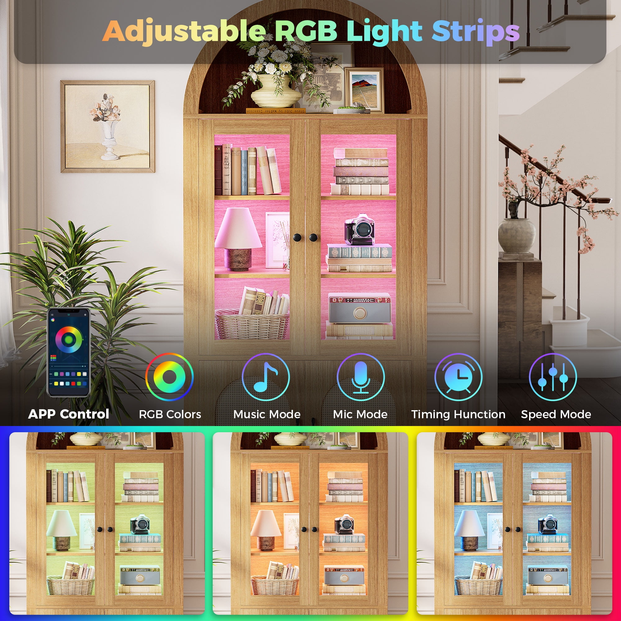 IRONCK 74.8" Tall Arched Pantry Cabinet, Kitchen Storage Cabinet with Rattan Doors & Glass Doors & RGB Lights & 6 Shelves
