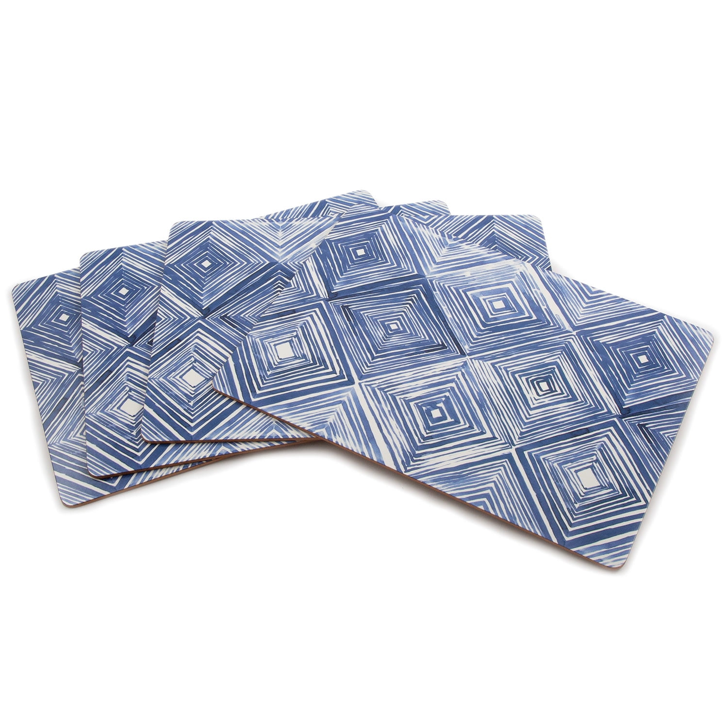 Blue and White Geometric Hardboard Placemats with Cork Backing, Set of 4